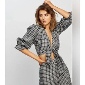 Faithfull The Brand Jacinta Tie Front Top Blouse Black White Check Plaid